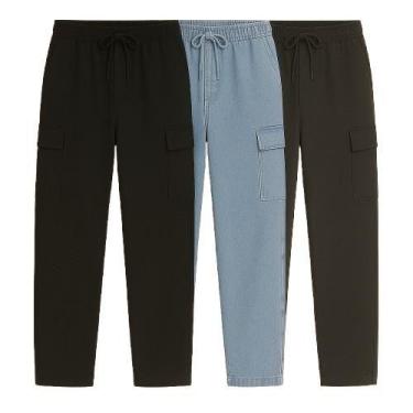 Imagem de Kit 3 Calça Cargo Larga Skate Unissex Bolso Lateral Fechamento Cordão 