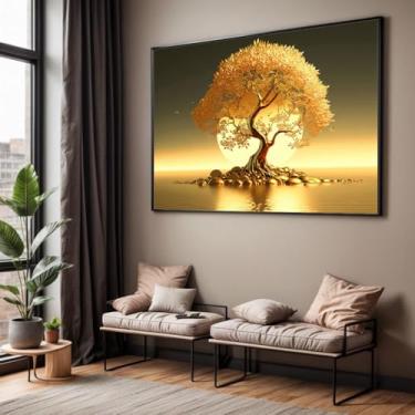 Imagem de Quadro com Moldura Sala Quarto Arvore Dourada Decorativo Horizontal Grande Hall