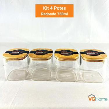 Imagem de Kit 4 Potes De Vidro Hermético Quadrado Tampa De Bambu 750ml - VGHome