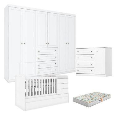 Imagem de Quarto Infantil 6 Portas Americano com Berço Multifuncional Cleo Branc