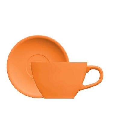 Imagem de Xícara e pires para cappuccino em porcelana, modelo Cafeteira Pró, Oval, 250 ml, Germer, Laranja
