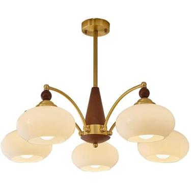 Imagem de Lustre de madeira com 5 luzes, vidro leitoso, latão, moderno, de meados do século, luz de teto, vidro laranja, rústico, fazenda, vintage, pendente, luz para quarto, sala de estar, cozinha, i