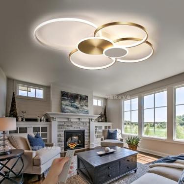 Imagem de Luminária de teto LED regulável com controle remoto, lâmpada de sala de estar, design moderno de anel redondo, luminária de teto de metal e acrílico para cozinha, quarto, sala de jantar, qua