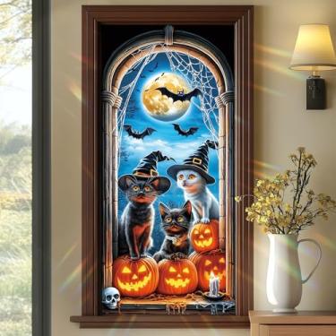 Imagem de SHENGYUMY Película para janela de gato de Halloween, 44 x 100 cm, chapéu de bruxa, gatinhos e abóboras, adesivo de aderência estática de lua cheia, morcegos e velas para decoração de Halloween, porta