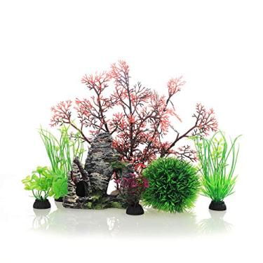 Imagem de JIH Conjunto de decoração de plantas de plástico para aquário e decorações de caverna com 7 peças, plantas artificiais pequenas e grandes (CU89Red-7)