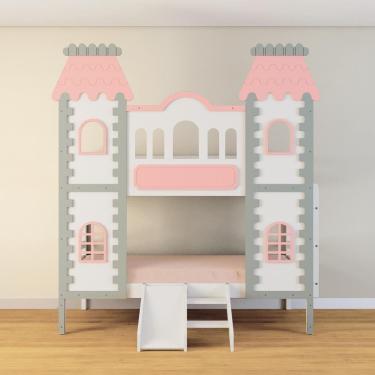 Imagem de Beliche Castelo Encantado com Kit Escada/Escorregador - Madeira Maciça Branco/Cinza/Rosa | Housin