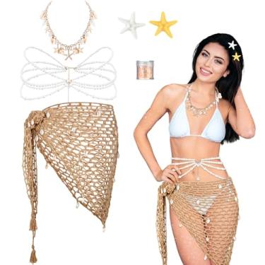 Imagem de Conjunto de 6 peças de acessórios de fantasia de sereia de Halloween para mulheres, saída de praia, saia de crochê, colar, estrela-do-mar, pérola, presilhas de cabelo e glitter de sereia para mulheres