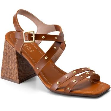 Imagem de Sandália Feminina Lumiss Salto Alto Bloco Tachas Rebite Fivela Bico Quadrado caramelo35