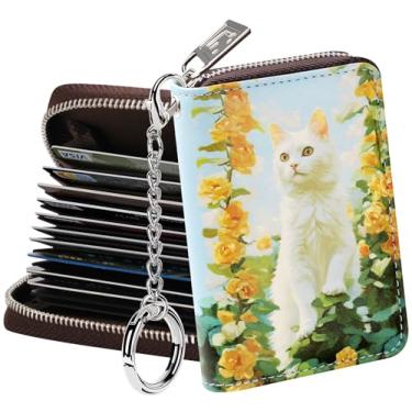 Imagem de FurArt Carteira feminina com zíper e bloqueio de RFID, porta-cartões de visita, porta-chaves de tamanho compacto, Rosas e gatos, P