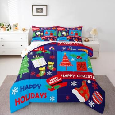 Imagem de Feelyou Conjunto de edredom de árvore de Natal para todas as estações, decoração de Natal com 1 fronha, microfibra de Papai Noel, roupa de cama solteiro para crianças, feliz ano novo, edredom macio
