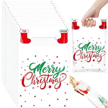 Imagem de GliCraft 100 unidades de sacolas de presente de Natal com alça pequena de plástico para meias de Natal a granel para embalagem de festa de feliz Natal, lanche, embrulho de Natal, decorações de