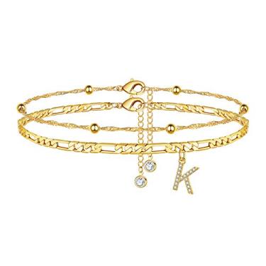 Imagem de Pulseiras de tornozelo Ursteel para mulheres, corrente Fígaro Banhado a Ouro 14 K Dainty Chain CZ Inicial Tornozeleiras de Verão Joias Presentes para Mulheres Adolescentes