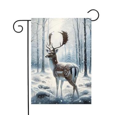 Imagem de ShineSnow Aquarela veado no inverno, floresta, neve, vida selvagem, animal, jardim, quintal, bandeira, 30,5 x 45,7 cm, poliéster dupla face, boas-vindas, bandeiras, para pátio, gramado, decoração de