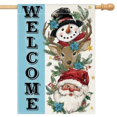Imagem de OTOSTAR Welcome Christmas Bandeira decorativa de casa 71 x 101 cm dupla face Papai Noel rena boneco de neve bandeira de natal decoração externa de jardim decoração de inverno férias ao ar livre