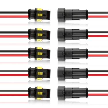 Imagem de Carbhub Conjunto de 5 conectores de 2 pinos conector à prova d'água com fio macho e fêmea 16 AWG adequado para motocicleta, scooter, carro, caminhão, quadriciclo, trike, caravana, fuzileiro, jet ski,