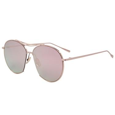 Imagem de Óculos de sol femininos com armação redonda de metal grande, retrô, lentes planas, com proteção UV, Rosa espelhado, Lens Width: 60 Millimeters