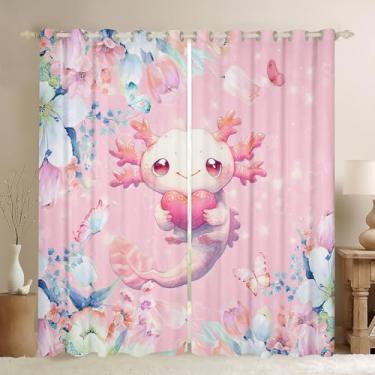 Imagem de Feelyou Cortina Axolotl fofa rosa (2 painéis, 132 x 236 cm) Cortinas de janela de salamandra de desenho infantil para meninos meninas estampa floral 30%-50% blackout Shades Kawaii réptil animal oceano