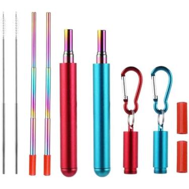 Imagem de Chargenyang Pacote com 2 canudos telescópicos reutilizáveis, canudos dobráveis de aço inoxidável, canudos portáteis de metal com estojo de chaveiro de alumínio e escova de limpeza para viagens (2