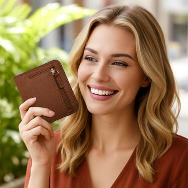 Imagem de Carteira feminina fina com bloqueio de RFID, carteira de viagem compacta com bolsos duplos e janela para identidade, Marrom, 3.93X3.54X0.59IN, Casual