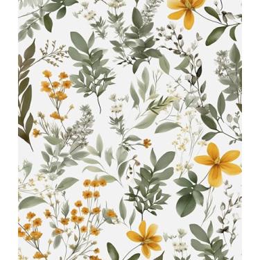 Imagem de Papel de parede vintage de folha descascar e colar, papel de contato floral verde amarelo 44,5 cm x 998 cm, papel de parede botânico autoadesivo removível à prova d'água para quarto, prateleiras