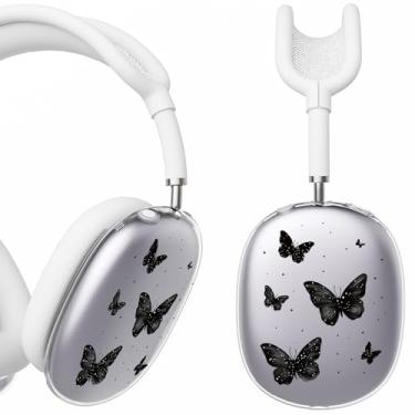 Imagem de BlHMCASE Capa de fone de ouvido para AirPods Max, lindas capas pretas de borboleta, transparentes, capa de silicone branca para fones de ouvido para Apple AirPods Max