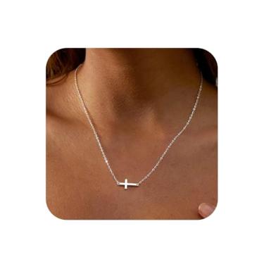 Imagem de Pacote com 2 colares femininos com pingente de cruz curta, corrente de liga metálica, conjunto de joias religiosas ajustáveis de 31 a 40 cm, Small, Metal, Zircônia cúbica