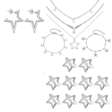 Imagem de AHANDMAKER Conjunto de acessórios de joias com pingente de estrela, 16 peças, colar de prata grunge, calça hip hop, corrente de clipe de cabelo estrela, conjunto de joias vintage para mulheres 14,17