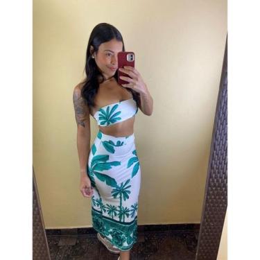 Imagem de Conjunto Tropical Elegante Top Faixa e Saia Longa com Estampa de Folha