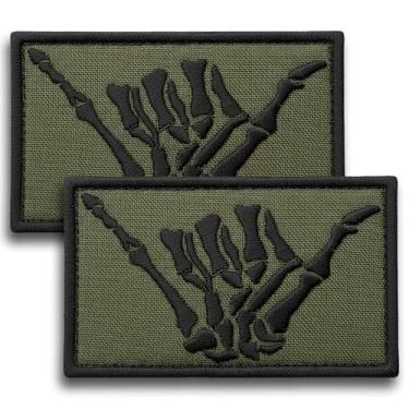 Imagem de Bluyellow 2 peças de remendos Shaka verde-oliva, bordados à mão de esqueleto, adesivos táticos Shaka para mochila militar, colete tático, capacete militar, arnês para cães, gancho e laço de surf,