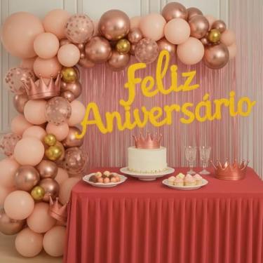 Imagem de Kit Decoração de Festa Feliz Aniversário Balão Bexiga Cortina Metalizada Arco Desconstruído Completo (Rose Gold (117 pçs))