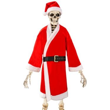 Imagem de PAMASE Roupas de Natal de esqueleto de 3 metros - roupão vermelho, cinto, chapéu de Papai Noel gigante com cordão/adesivo para ajuste seguro, acessórios de esqueleto de 3 metros para decorações de