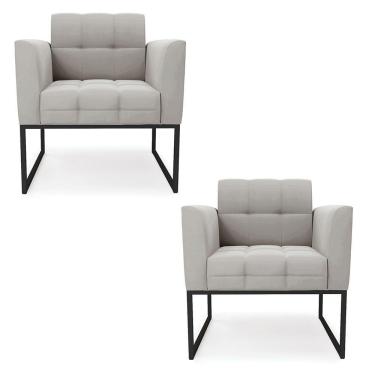 Imagem de Kit 2 Poltronas Elisa Veludo Cinza Base Metálica Industrial Preto - D'rossi