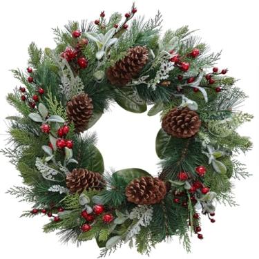 Imagem de BINFEN Guirlanda de Natal grande de pinheiro falso de 61 cm com frutas vermelhas – misturada com orelha de cordeiro e pinha de cedro de cipreste de Norfolk, guirlandas de Natal para varanda e lareira