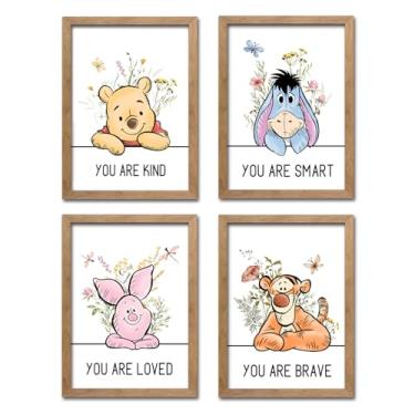 Imagem de Conjunto de 4 arte de parede emoldurada com citação do Ursinho Pooh, Boho Educational You are Brave Strong Smart Kind Placa de madeira para bebês meninas, meninos e crianças, decoração de parede de