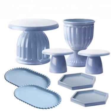 Imagem de Kit Boleira Festa E Bandeja, Kit Moderno Boleira Romana 17cm, 1 Vaso Romano, 2 Mini Slim, 2 Bandeja Perola Oval, 2 Mini Sextavadas(Azul Gris)