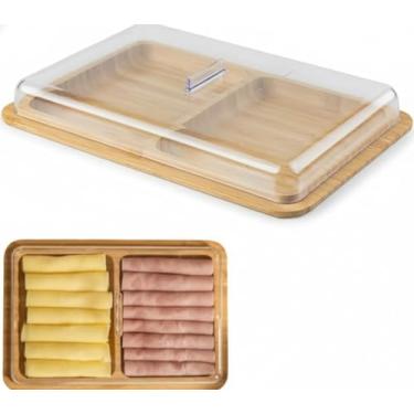 Imagem de Organizador de Frios em Bambu com Tampa de Acrílico, Bandeja Dupla para Queijos e Embutidos, Base em Madeira Natural