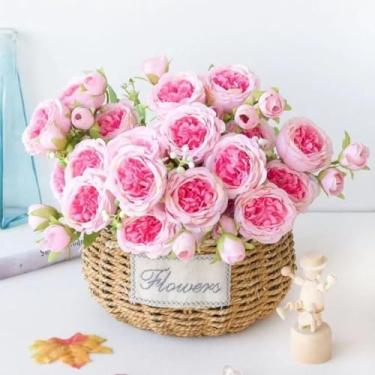 Imagem de Ramo Decorativo com 5 Rosas Artificiais para Arranjo – Flor para Decoração de Casa 30cm (Rosa Escuro,2 Unidade)