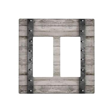 Imagem de DWBGUO Capas de tomada decorativas com barril de madeira de carvalho cinza vintage com design de faixas de ferro, placa de parede de 2 gangues, capa de interruptor duplo para decoração de casa de
