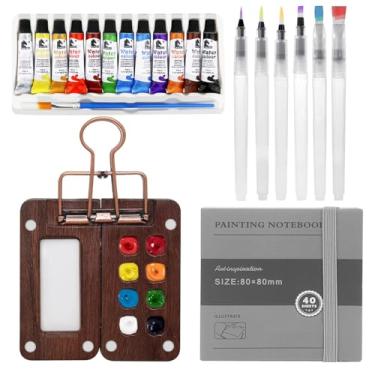 Imagem de Mini conjunto de tinta de paleta de aquarela, conjunto de viagem aquarela de bolso, caixa de tinta de grade de madeira com clipe, pincel de esboço em aquarela de 12 cores para artista