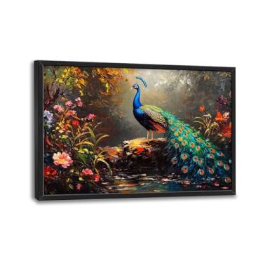 Imagem de Arte de parede de pavão para sala de estar, decoração de parede de lona de pavão azul grande, pintura emoldurada de imagens de natureza, arte de flores para quarto, escritório, decoração de casa 91 cm