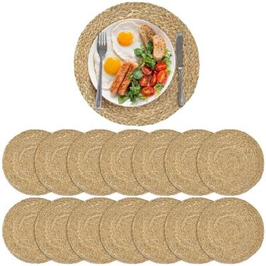 Imagem de Conjunto de 12 jogos americanos feitos à mão, tapetes redondos resistentes ao calor de 35 cm, protetores de mesa naturais reutilizáveis para cozinha, sala de jantar, casamentos e eventos ao ar livre