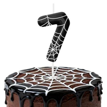 Imagem de Velas de aniversário pretas e brancas para bolo, velas número 7, decorações de aniversário, suprimentos de festa, topo de bolo de teia de aranha para decoração de festa temática para meninos e meninas