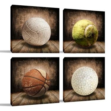 Imagem de VVJSZHJ Decoração de esportes rústica de vôlei, bola de tênis, basquete, golfe, para quarto de meninos, arte de parede, impressão em tela, arte para sala de jogos, decoração de casa infantil