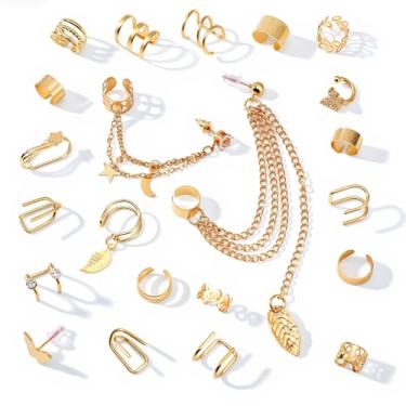 Imagem de LXUEJIE 22 peças de brincos de orelha de ouro para mulheres, sem perfuração, clipe falso, cartilagem, ajustável, conjunto de brincos falsos leves, punk, cobra, borboleta, garras, brincos femininos