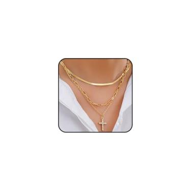 Imagem de Colar feminino com pingente de cruz de zircônia cúbica em camadas de ouro 14K, pingente empilhável, corrente de clipe de papel, gargantilha de elos de cobra, crucifixo, joias presentes, Large, Metal