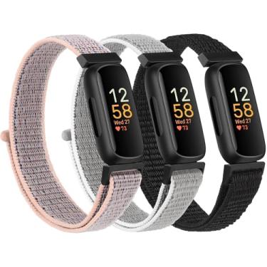 Imagem de Pacote com 3 pulseiras de nylon para Fitbit Inspire 3 para mulheres e homens, pulseiras de substituição de nylon ajustáveis para Fitbit Inspire 3 Fitness Tracker (preto + rosa + cinza)