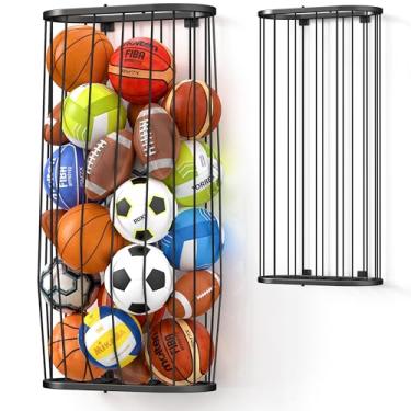 Imagem de LarFaFa Armazenamento de bola de altura ajustável, suporte de basquete grande montado na parede, suporte de bola de garagem para academia ao ar livre com corda elástica, organizador de equipamentos