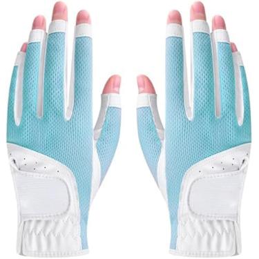 Imagem de 1 par de luvas de golfe femininas de dedo aberto, pacote com 2 luvas de golfe sem dedos, mão esquerda, mão direita, PU e microfibra, tecido de malha respirável legal e confortável (azul, 18)