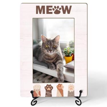 Imagem de lamocho Porta-retrato de gato, presentes para amantes de gatos para donos de animais de estimação, presentes de memorial de Natal para amigas e mulheres, decoração de mesa Miau e pata de gatinho (10 x