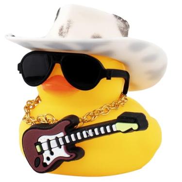 Imagem de Wonuu Ornamentos de pato de borracha para carro, guitarra, pato, acessórios legais, decorações de painel com colar de chapéu de caubói e óculos de sol, branco e preto